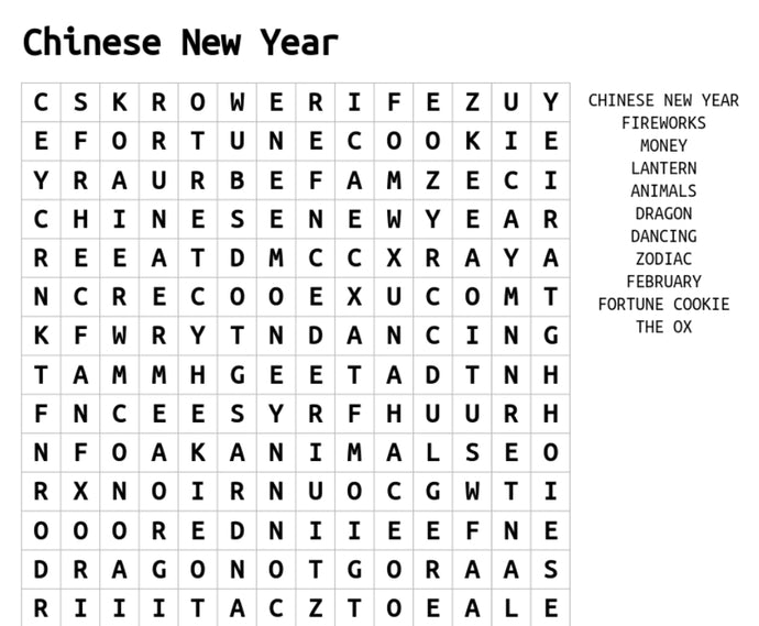 Chinese New Year Word Search